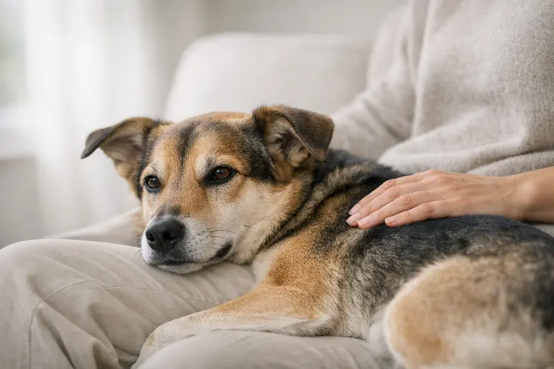 Nahaufnahme eines ruhigen Hundes mit gesundem Fell, geeignet für Informationen zur Tiergesundheit.
