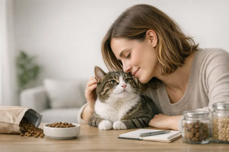 Eine Etiketten-Checkliste für Katzenfutter mit wichtigen Informationen zur Zutatenreihenfolge und Kohlenhydrat-Hinweisen.
