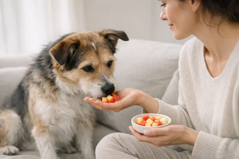 Eine Katze genießt kleine Würfel aus frischem, entkerntem Fruchtfleisch als gesunden Snack.