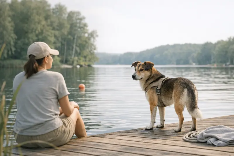 Ein Aufsichtshund am ruhigen Wasserufer, das die sommerliche Sicherheit symbolisiert.