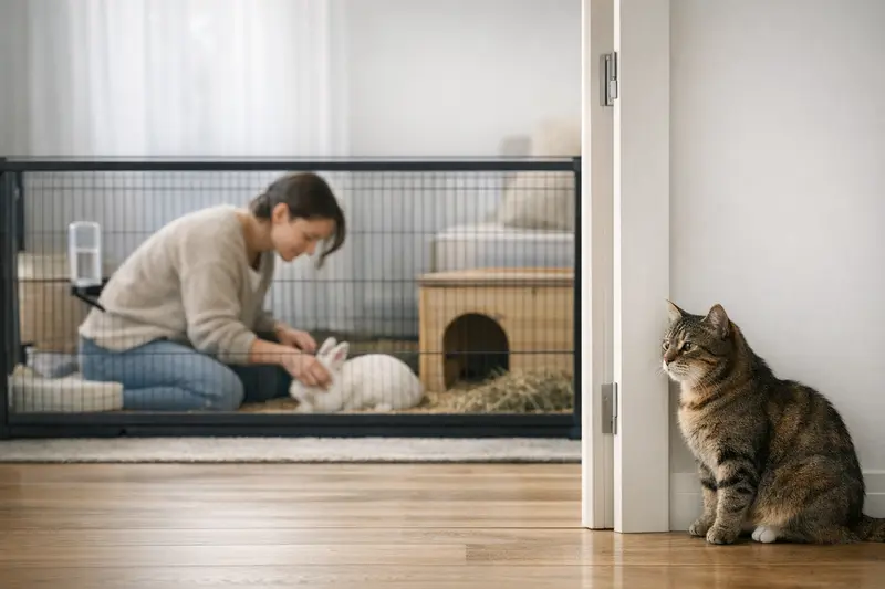 Eine Katze beobachtet ein Kleintier in einem gesicherten Gehege, während sie außerhalb des Zimmers ist.