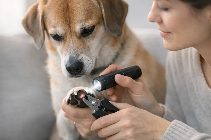 Eine Krallenschere und eine Taschenlampe, die bei einem Hund verwendet werden, um die Blutgefäße an der Kralle zu erkennen.