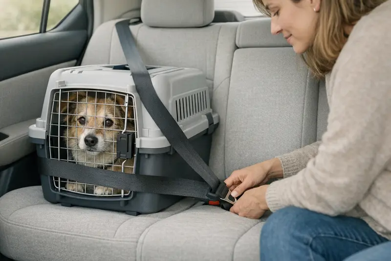 Transportbox für Katzen, sicher auf dem Autositz angeschnallt und gut fixiert.