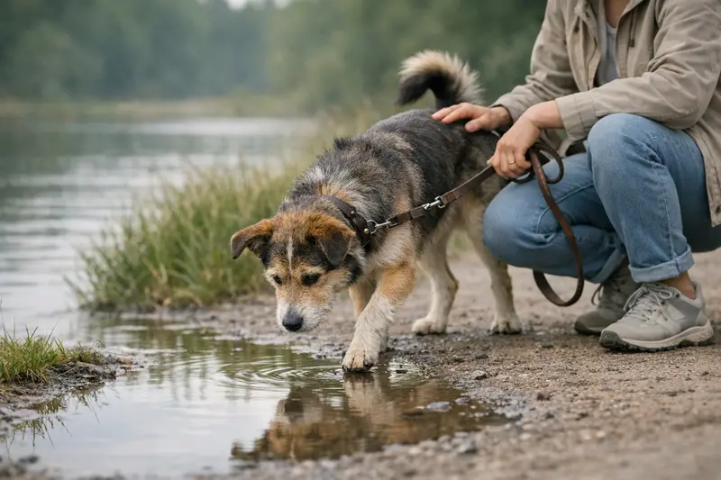 Ein fröhlicher Hund springt über eine Pfütze während eines Spaziergangs im Park, was potenzielle Gesundheitsrisiken symbolisiert.