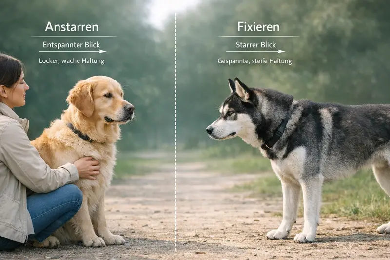 Zwei Hunde treffen sich draußen und zeigen deutliche Körpersprache in der Begegnung.