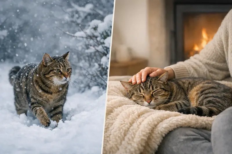 Eine Freigänger-Katze spielt im Schnee, während eine Wohnungskatze gemütlich auf einem warmen Liegeplatz sitzt.