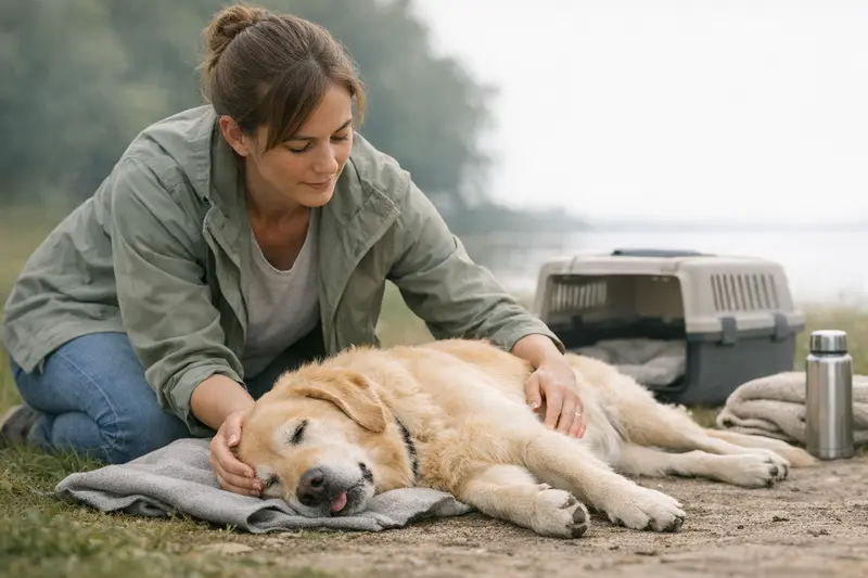 Hund in stabiler Seitenlage mit Anweisungen für den sicheren Transport.