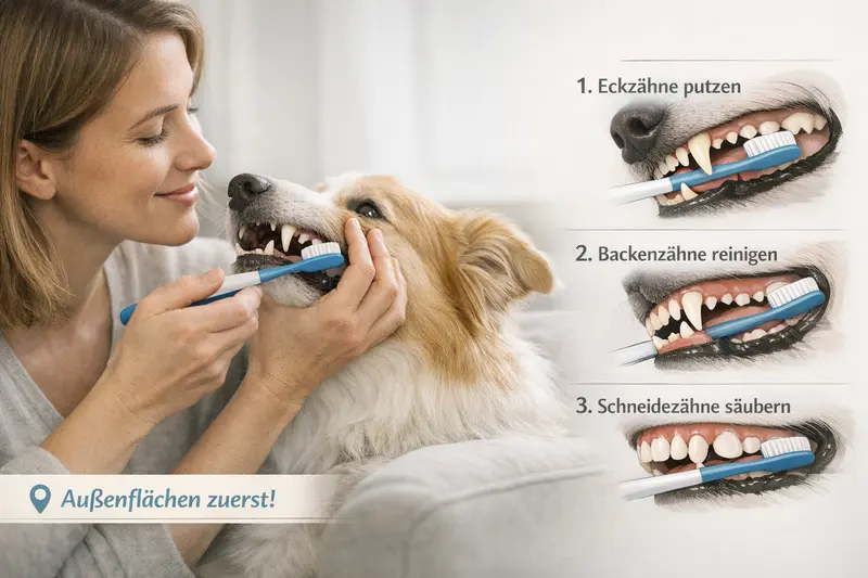 Schritt-für-Schritt-Anleitung zur Zahnpflege bei Hunden, zeigt das Putzen der Fang-, Backen- und Schneidezähne.
