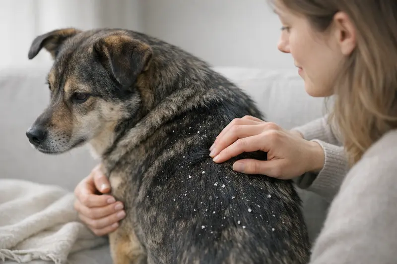 Hundehaut mit sichtbaren weißen Schuppen, die auf eine mögliche Hauterkrankung hinweisen.