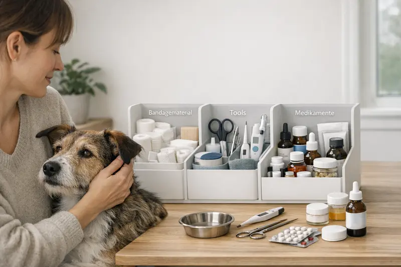 Übersichtliches Foto einer Katzenapotheke mit sortierten Kategorien für Verbandsmaterial, Tools und Medikamente.