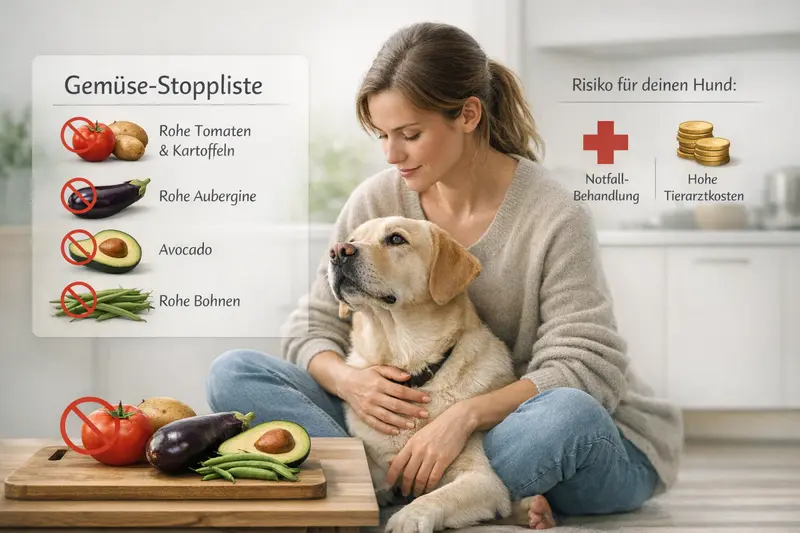 Übersichtsgrafik zeigt Gemüse, das Hunde nicht fressen sollten, einschließlich roher Tomate, Kartoffel, Aubergine, Avocado und rohen Bohnen.
