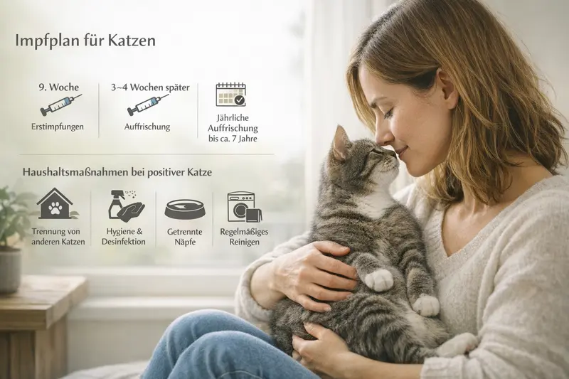 Grafik mit Impfplan für Katzen und Haushaltsmaßnahmen bei positiven Testergebnissen.