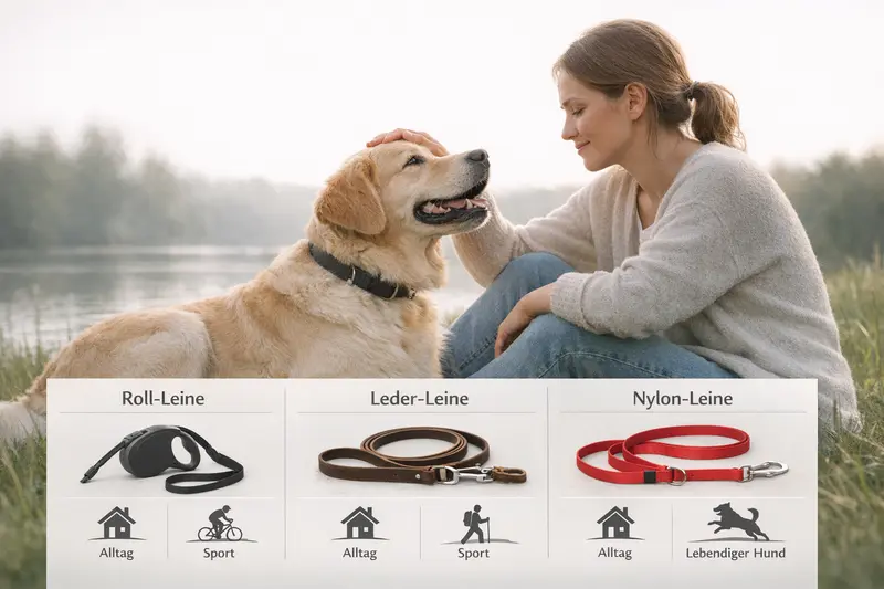 Eine Übersichtsgrafik zu verschiedenen Leinenarten für Hunde, inklusive Einsatzbereichen für Alltag, Sport und lebhafte Hunde.