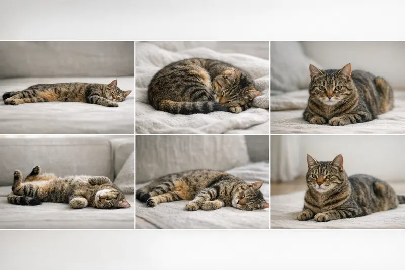 Grafik zeigt die sechs Schlafpositionen von Katzen: lang ausgestreckt, eingerollt, Habachtstellung, Rückenlage, Seitenlage und Sphinx.