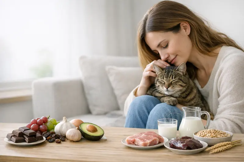 Übersichtsgrafik zu giftigen und unverträglichen Lebensmitteln für Katzen, darunter Schokolade, Trauben und Zwiebeln.