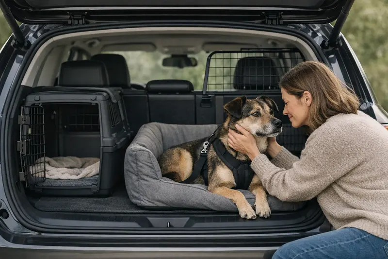 Das Bild zeigt verschiedene Sicherungssysteme für Hunde im Auto, darunter eine Box im Kofferraum, einen Autositz, einen Gurt mit Brustgeschirr und ein Trennnetz.