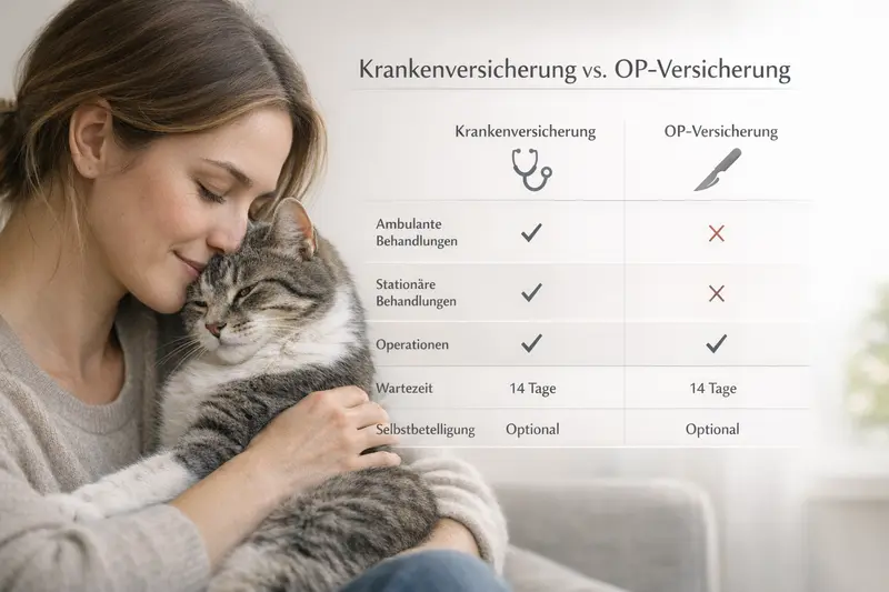 Vergleichsgraphic zwischen Krankenversicherung und OP-Versicherung für Katzen mit Details zu ambulant, stationär und Selbstbeteiligung.