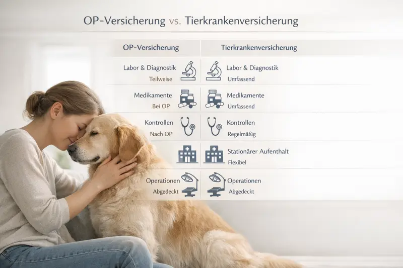 Vergleich zwischen OP-Versicherung und Tierkrankenversicherung für Hunde, inklusive Behandlungen wie Laboruntersuchungen, Medikamente und stationäre Aufenthalte.