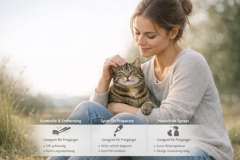 Eine Vergleichsgrafik über Präventionswege für Katzen, die sowohl für Freigänger geeignet sind als auch deren Grenzen aufzeigt.