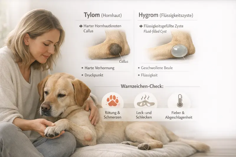 Vergleichsgrafik von Hornhautveränderungen und flüssigkeitsgefüllten Zysten bei einem Hund mit Warnzeichencheck.
