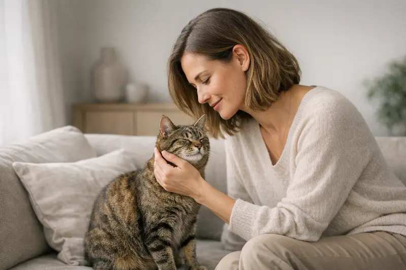 Vergleich der fünf Betreuungsoptionen für Katzen, darunter Zuhause und außer Haus, mit Icons für Stress, Aufwand und Sicherheitsrisiko.