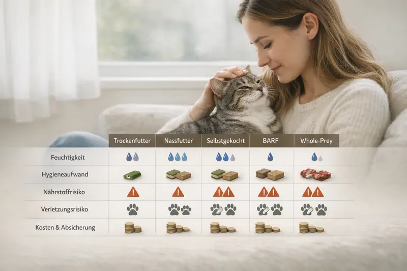Illustration des Vergleichs zwischen Trockenfutter, Nassfutter, Selbstgekochtem, BARF und Whole-Prey für Katzen mit Icons für Feuchtigkeit, Hygieneaufwand und Kosten.