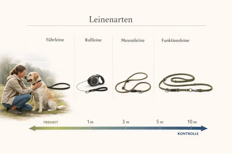 Vergleich der verschiedenen Leinenarten für Hunde, inklusive Führleine, Rollleine, Moxonleine und Funktionsleine mit einer Längenskala.