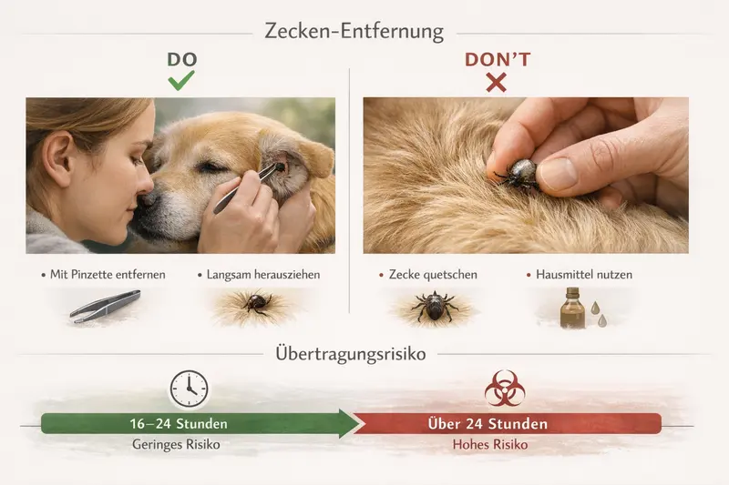 Eine Vergleichsgrafik zur zeckensicheren Entfernung bei Hunden, die zeigt, was zu beachten ist.