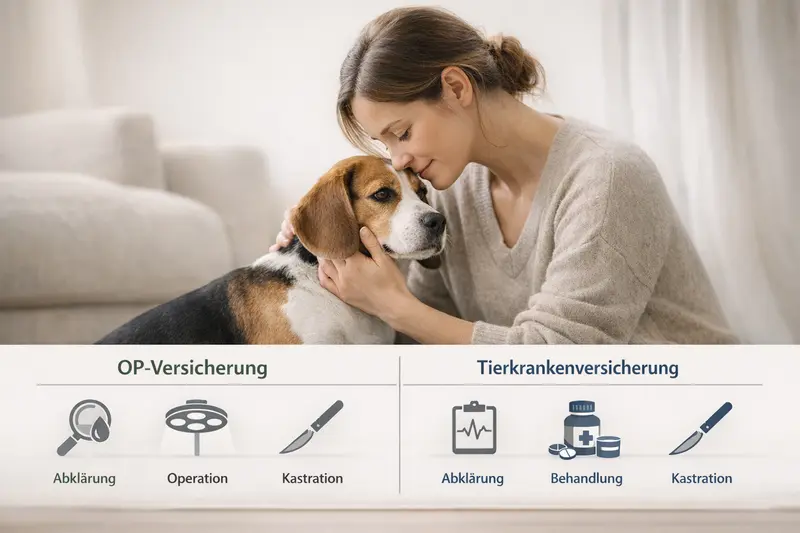 Infografik, die die Unterschiede zwischen OP-Versicherung und Tierkrankenversicherung für Hunde anhand von Läufigkeits-Szenarien darstellt.