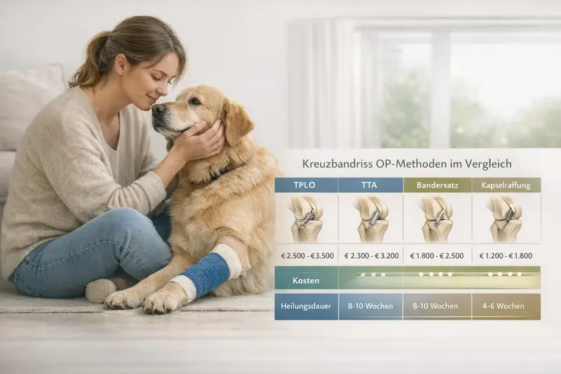 Vergleich der chirurgischen Verfahren TPLO, TTA, Bandersatz und Kapselraffung für Hunde mit ihren Kosten und Heilungszeiten.