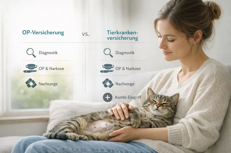 Infografik zeigt den Vergleich zwischen OP-Versicherung und Tierkrankenversicherung für Katzen am Beispiel eines Nabelbruchs.