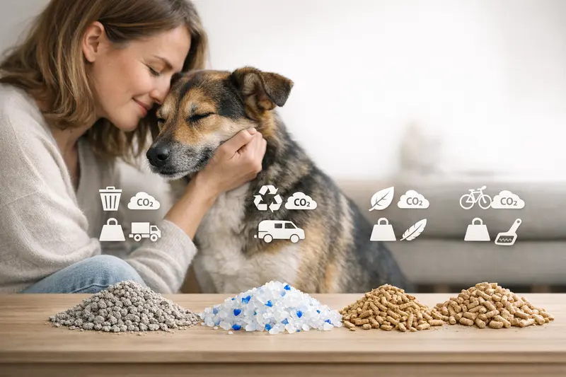 Vergleich von drei Katzenstreuarten mit Icons für Entsorgung, CO2-Emissionen, Gewicht und Klumpverhalten.