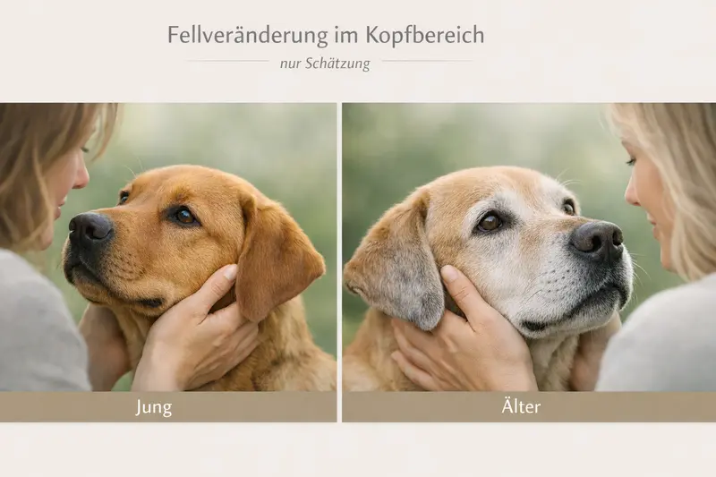 Nahaufnahme eines braunen Hundes mit grau werdendem Fell im Kopfbereich als Vergleichsvisual zur Alterung.