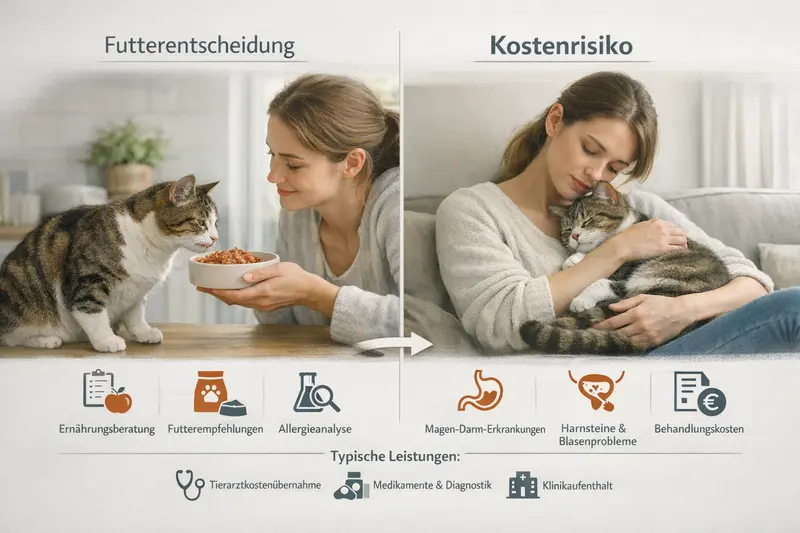 Eine Katze sitzt vor verschiedenen Futtersorten und überlegt, welche sie wählen soll, während die möglichen Kosten bei tierärztlichen Behandlungen im Hintergrund angedeutet werden.