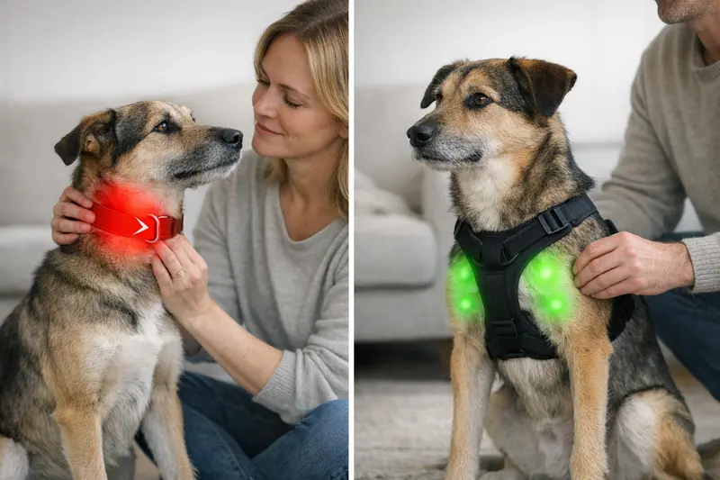 Infografik, die den Druckpunkt eines Halsbands im Vergleich zur Druckverteilung eines Geschirrs bei Hunden darstellt.