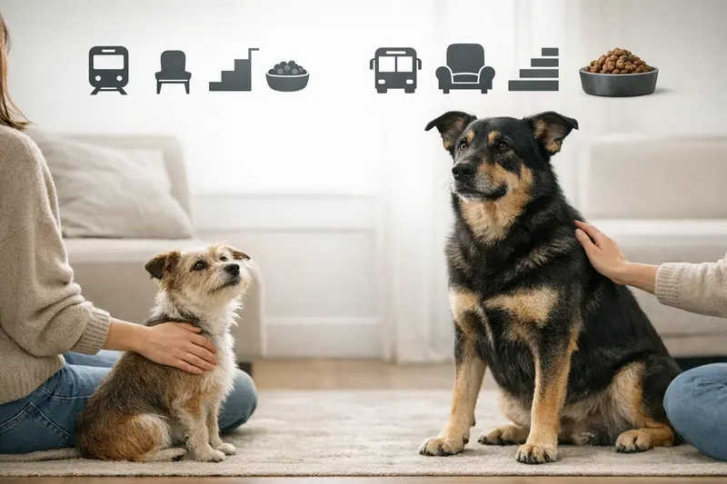 Vergleich zwischen einer kleinen und einer großen Hundesilhouette mit Icons für ÖPNV, Platzbedarf, Treppen und Futtermenge.