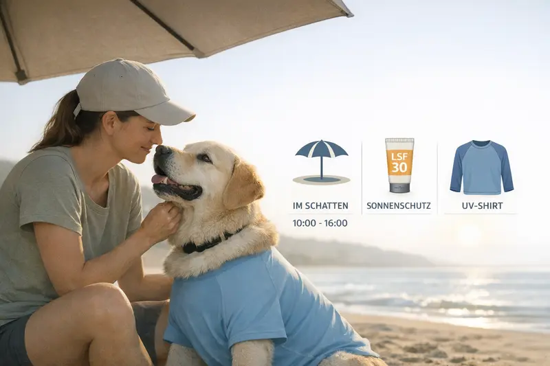 Entscheidungsübersicht für die Prävention von Hunde-Sonnenschutz mit Schatten, Uhrzeiten und UV-Schutzkleidung.