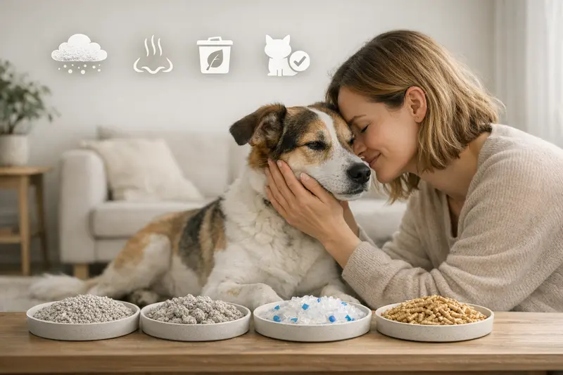 Vergleich von vier verschiedenen Streuarten für Katzen mit Icons für Staub, Geruch, Entsorgung und Akzeptanz.
