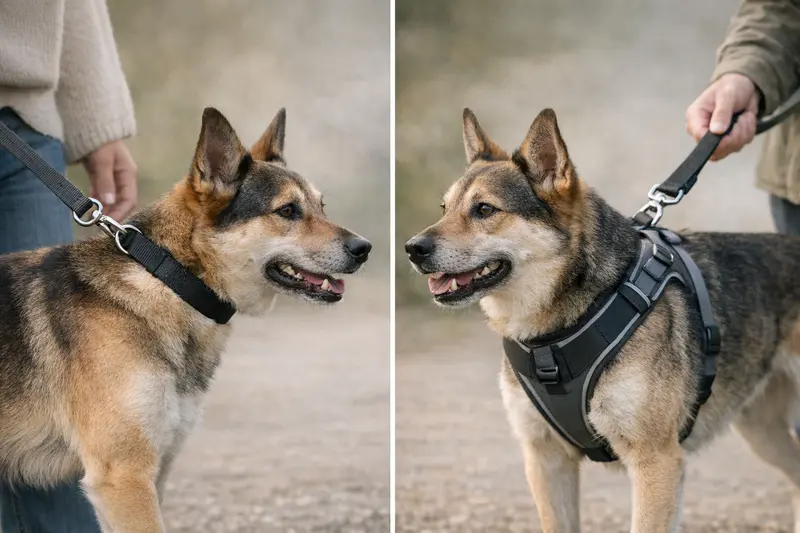 Grafische Vergleichsanalyse der Zugkraft-Wirkzonen von Halsband und Geschirr für Hunde.