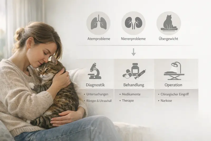 Schematische Infografik zeigt Risikofelder wie Atmung, Nieren und Gewicht für Katzen und ihre Versicherungs-Leistungsbausteine.