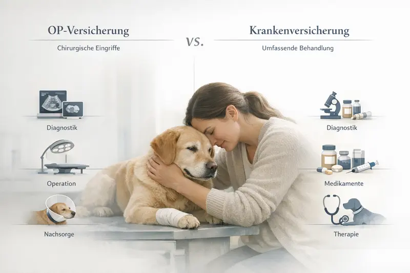 Illustration zeigt den Vergleich zwischen OP- und Krankenversicherung für Hunde mit verschiedenen Leistungsbausteinen.