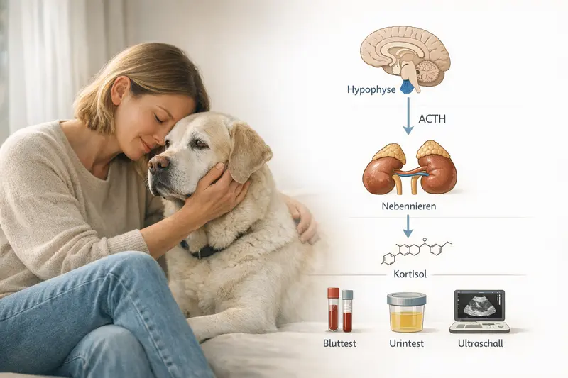 Schematische Darstellung der Hypophyse, ACTH, Nebennieren und Kortisol sowie Untersuchungsbausteine wie Blut, Urin und Ultraschall zur Diagnostik von Hundekrankheiten.