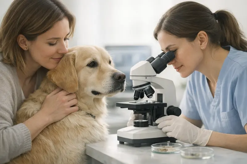 Ein ruhiger Hund wird von einem Tierarzt während einer Felluntersuchung behandelt.