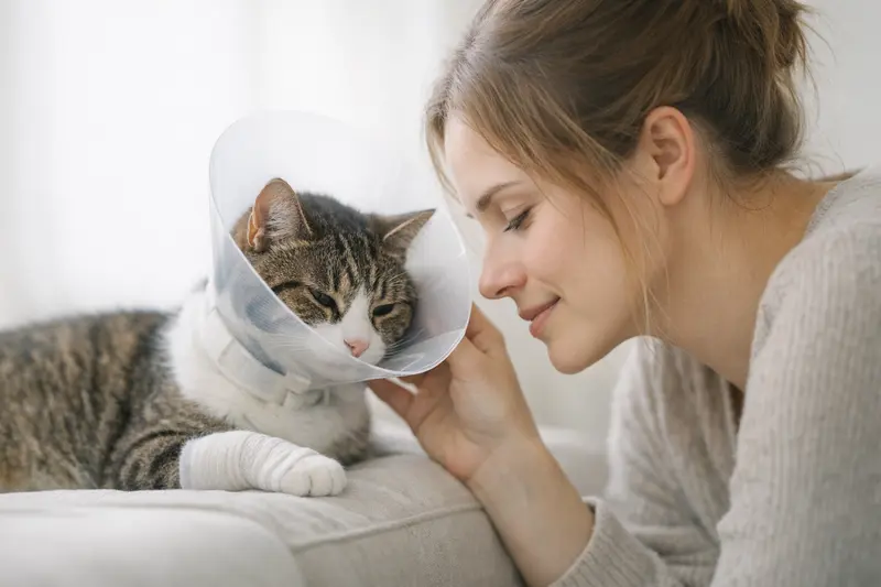 Eine Katze mit einem Verband und einem Halskragen für die Nachsorge nach einer Behandlung.