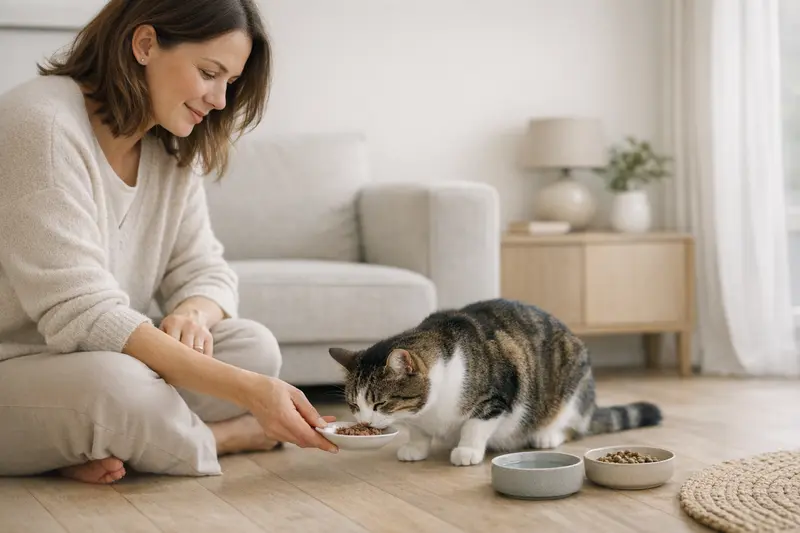 Eine entspannte Katze wird liebevoll im vertrauten Zuhause gefüttert.