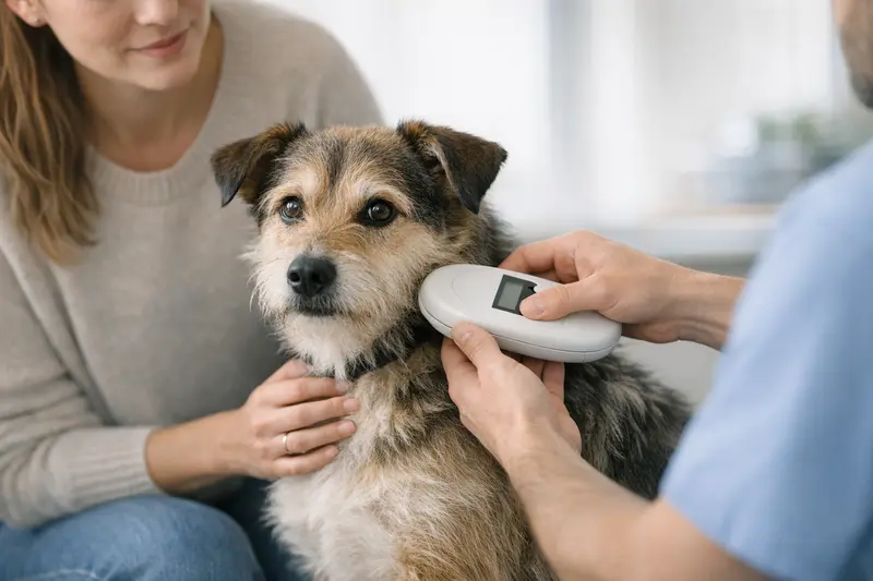 Ein Tierarzt scannt den Mikrochip eines Hundes mit einem Lesegerät, um wichtige Gesundheitsdaten abzurufen.
