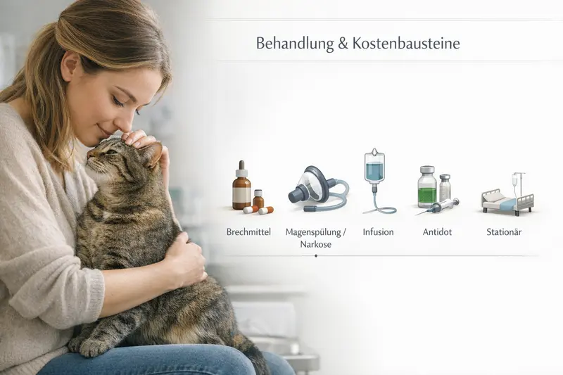 Eine schematische Infografik, die die Behandlungskosten für Katzen bei der Verwendung von Brechmitteln, Magenspülungen, Infusionen, Antidoten und stationärer Behandlung zeigt.