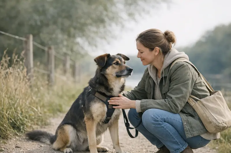Ein ruhiger Hund wird respektvoll von einer Betreuerin während des Gassigangs im Tierheim begleitet.