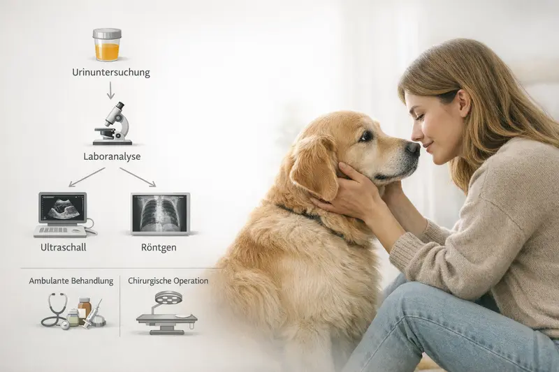 Diagnostikpfad für Hunde mit Urinuntersuchung, Laboranalyse und Bildgebung zur Zuordnung von Versicherungsleistungen