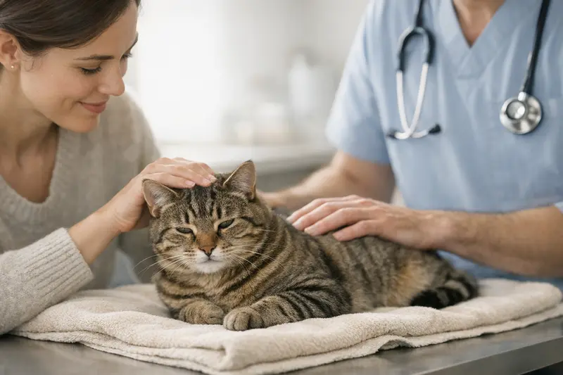 Eine entspannte Katze liegt auf einem weichen Handtuch in einer sicheren Untersuchungsumgebung.